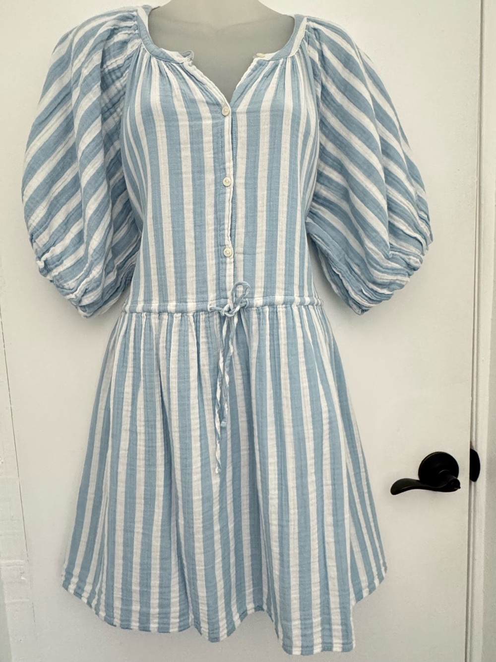 Old Navy Blue and White Striped Puff Sleeve Dress Nautica preppy academia school